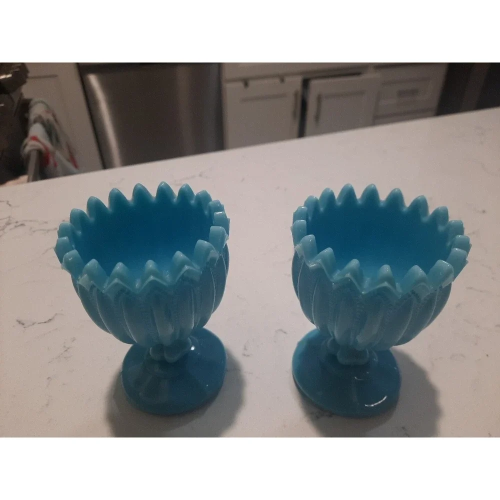 2  1930s PV Portieux Vallerysthal French Blue‎ Opalescent Glass Vase Rib Dot